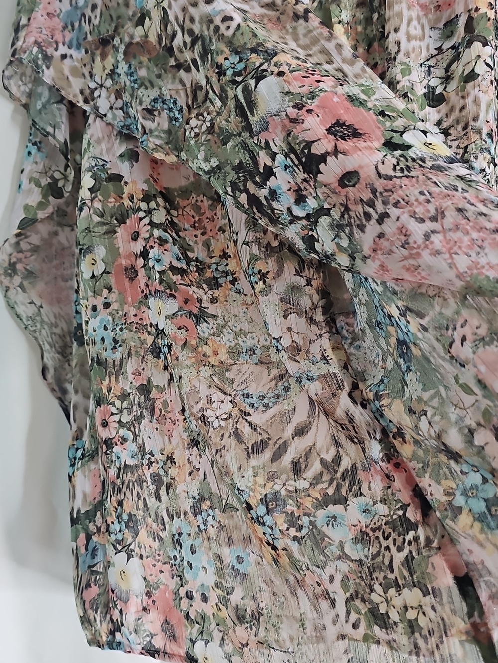 Sara Michelle Sheer Floral & Animal Print Blouse — Pink, Green & Cream - Picture 2 of 7